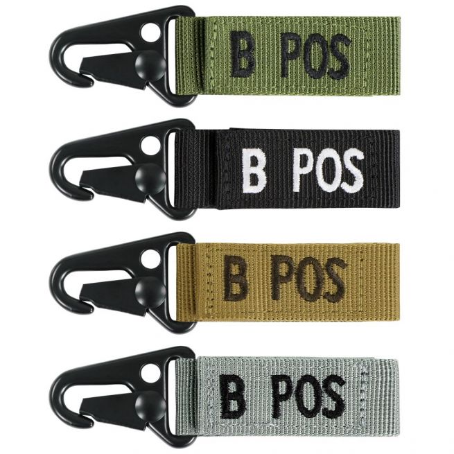 B+ BLOOD TYPE SEWN ON HOOK & LOOP WEBBING STRAP WITH QUICK RELEASE SNAPHOOK.